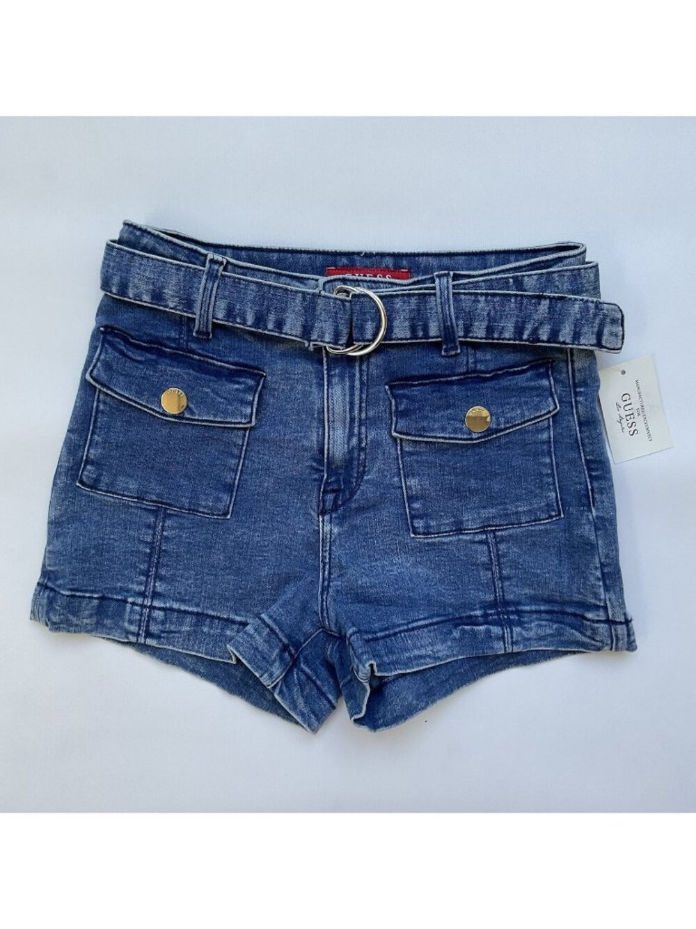 Guess Women’s High Rise Short  W/ Belt & Pockets Blue Super Stretch Size 25